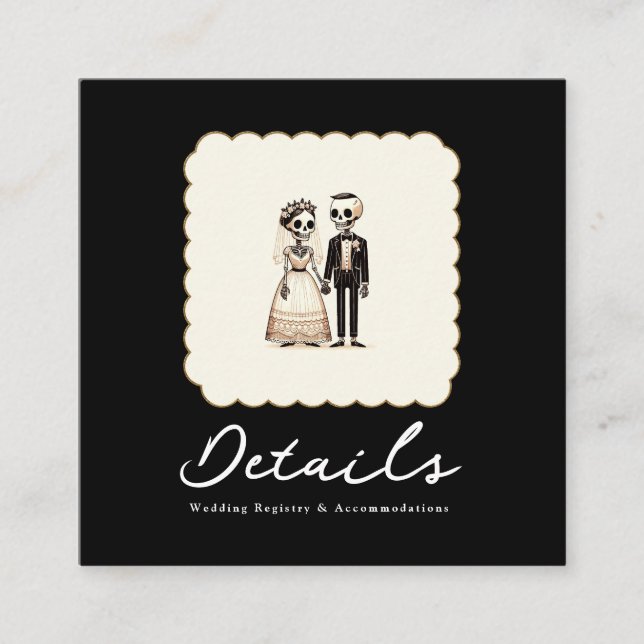 Tarjeta De Visita Cuadrada Personalizado Skeleton Bride + Groom Boda Detalles (Anverso)