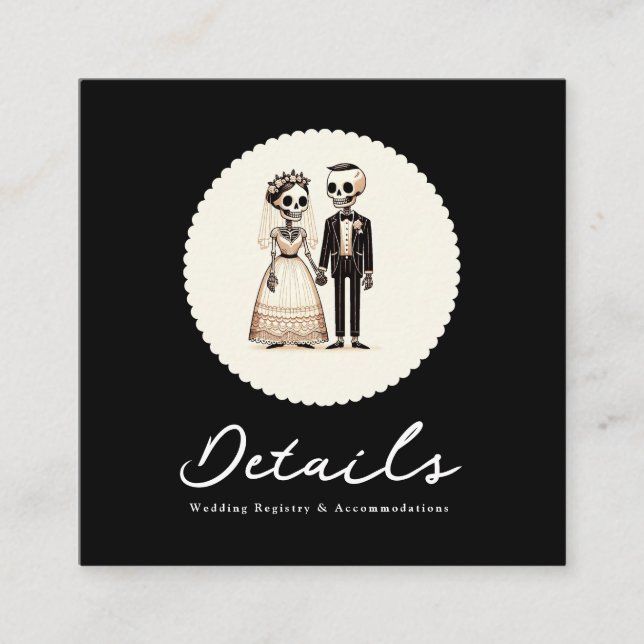 Tarjeta De Visita Cuadrada Personalizado Skeleton Bride + Groom Boda Detalles (Anverso)