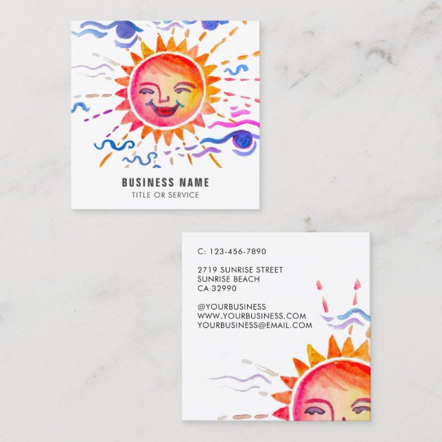 Tarjeta De Visita Cuadrada Personalizado Whimsical Brillante Colorido Sol acu (Anverso / Reverso)
