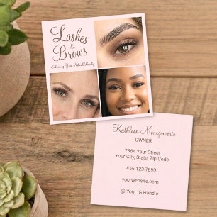 Tarjeta De Visita Cuadrada Pestañas de Foto 3 Script Mocha Rosa Elegante