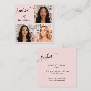 Tarjeta De Visita Cuadrada Pestañas Elegantes Rosa Beige Negro Script 3 Fotos