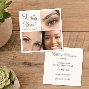 Tarjeta De Visita Cuadrada Pestañas y Cejas Marrón Mocha Crema Script 3 Foto