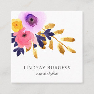 Tarjeta De Visita Cuadrada Petales Punchy   Floral acuarela   Diseño lateral