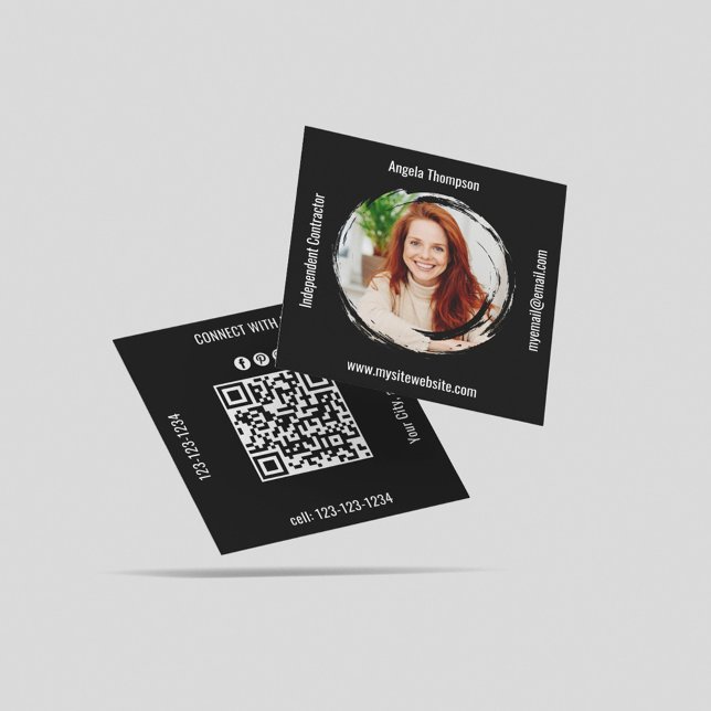 Tarjeta De Visita Cuadrada Photo QR Code Black Connect with Me Business (Black and white business card square template.)