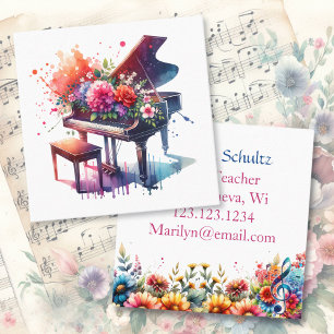 Tarjeta De Visita Cuadrada Piano acuarela y profesor personalizado de flores