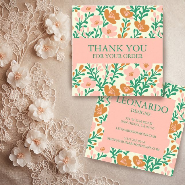 Tarjeta De Visita Cuadrada Pida GRACIAS Personalizado Típico Flores Florales  (Colorful floral botanical pattern on these peach fuzz custom order thank you business cards)