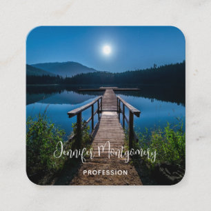 Tarjeta De Visita Cuadrada Pier de noche bajo una luna llena