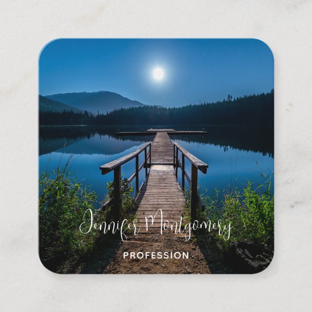 Tarjeta De Visita Cuadrada Pier de noche bajo una luna llena (Anverso)