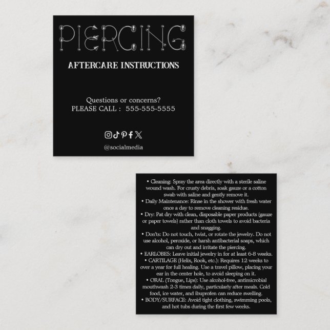 Tarjeta De Visita Cuadrada Piercing Aftercare Instructions Business Card (Anverso / Reverso)