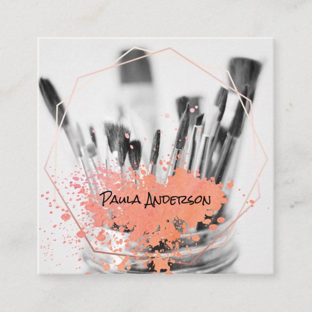 Tarjeta De Visita Cuadrada Pinceles de pintura | Spatter | Artístico | Geomét (Anverso)