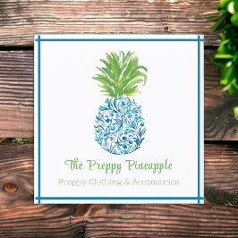Tarjeta De Visita Cuadrada Pineapple Chinoiserie Blue White Preppy