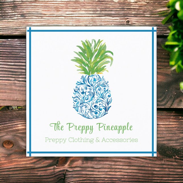 Tarjeta De Visita Cuadrada Pineapple Chinoiserie Blue White Preppy (Subido por el creador)
