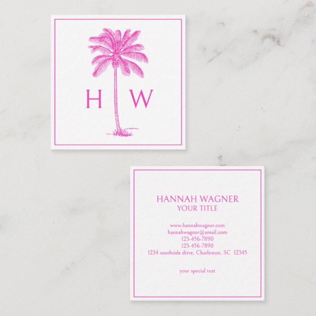 Tarjeta De Visita Cuadrada Pink and White Palm Palmetto Tree Monogram (Anverso / Reverso)