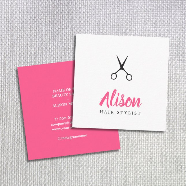 Tarjeta De Visita Cuadrada Pink Black Scissors Hair Stylist (Subido por el creador)