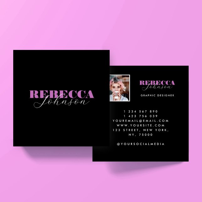 Tarjeta De Visita Cuadrada Pink & Black Script Photo Square Business Card (Subido por el creador)