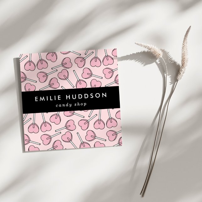 Tarjeta De Visita Cuadrada Pink Lollipops, Heart Lollipops, Lolly, Candy Shop (Subido por el creador)