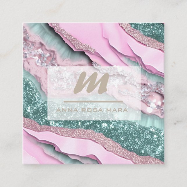 Tarjeta De Visita Cuadrada *~* PINK MINT QR Marble Glam Luxe Inicial AP66 (Anverso)