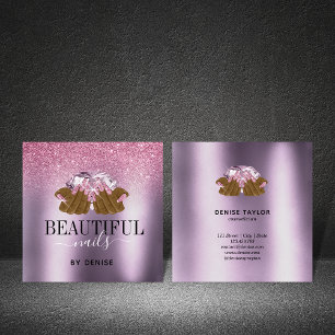 Tarjeta De Visita Cuadrada PINK morado salón de uñas mujer técnica de uñas ma