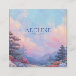 Tarjeta De Visita Cuadrada Pink Sunset Forest Gold Frame Vibrant Landscape