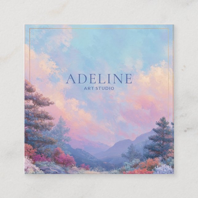 Tarjeta De Visita Cuadrada Pink Sunset Forest Gold Frame Vibrant Landscape (Anverso)