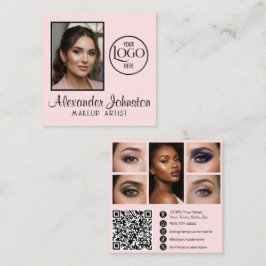 Tarjeta De Visita Cuadrada Pink White & Black Script Makeup Photo Personalize