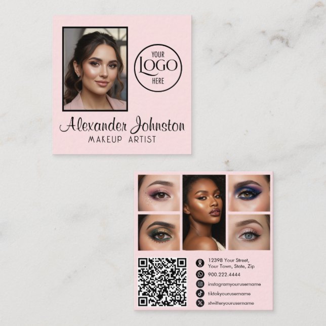 Tarjeta De Visita Cuadrada Pink White & Black Script Makeup Photo Personalize (Anverso / Reverso)