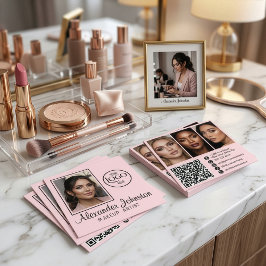 Tarjeta De Visita Cuadrada Pink White & Black Script Makeup Photo Personalize