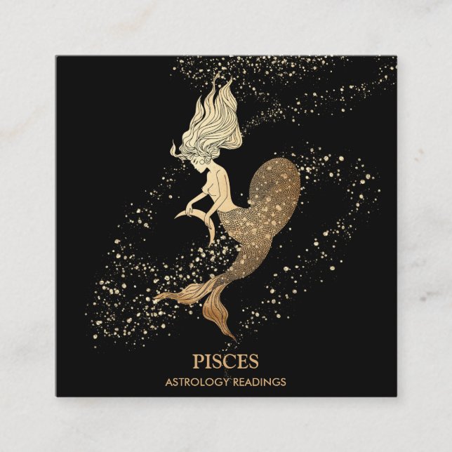 Tarjeta De Visita Cuadrada *~* PISCES Astrología Zodiaca Lecturas de Oro Negr (Anverso)