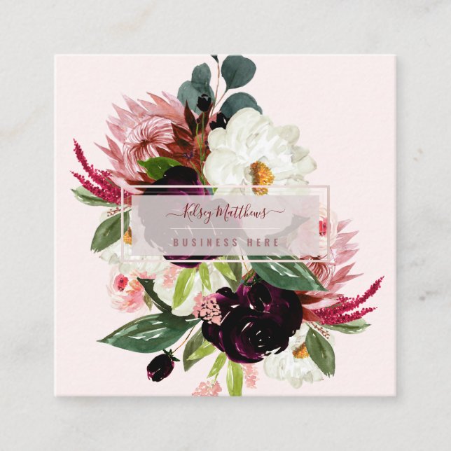 Tarjeta De Visita Cuadrada PixDezines acuarela Rustic Bloom Rubor Borgoña (Anverso)