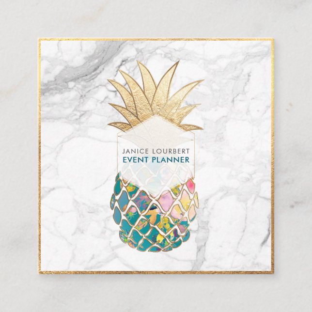 Tarjeta De Visita Cuadrada PixDezines ALOHA PINEAPPLE/ORO VERDE AZULADO AZUL/ (Anverso)