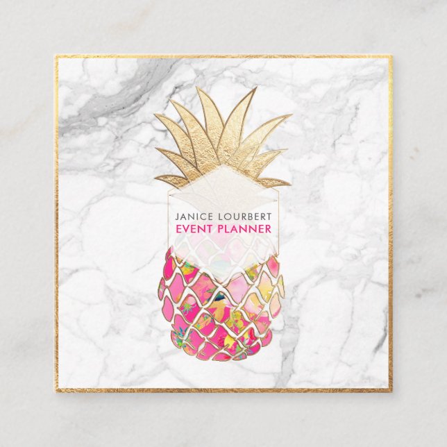 Tarjeta De Visita Cuadrada PixDezines ALOHA PINEAPPLE/PINK CALIENTE/ORO FAUX (Anverso)