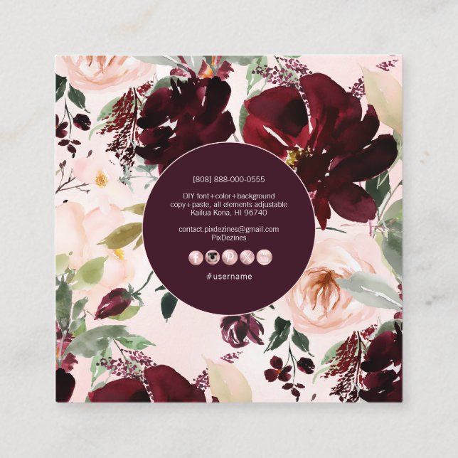 Tarjeta De Visita Cuadrada PixDezines Flores Acuarela, Burdeos+Rubor (Reverso)