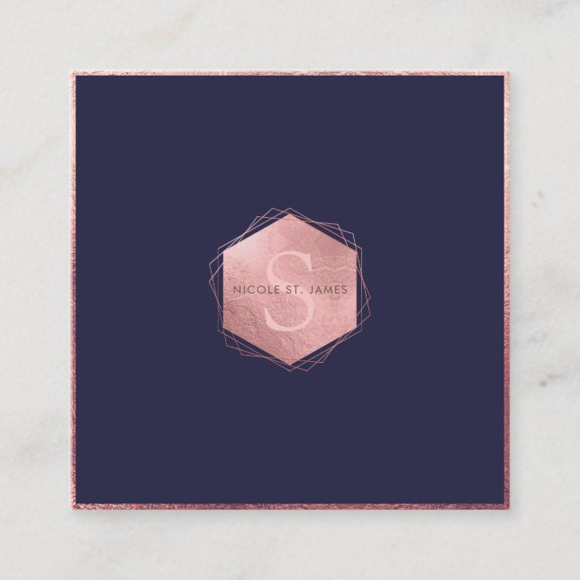 Tarjeta De Visita Cuadrada PixDezines MONOGRAM/FAUX ORO ROSA, NAVY BLUE (Anverso)