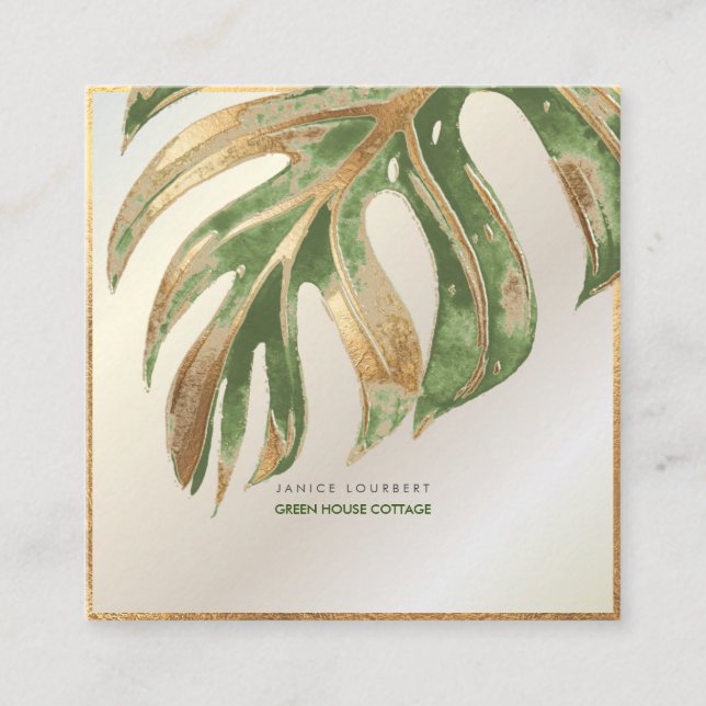 Tarjeta De Visita Cuadrada PixDezines MONSTERA, DUO TONE FAUX RELIEVE METALIZ (Anverso)