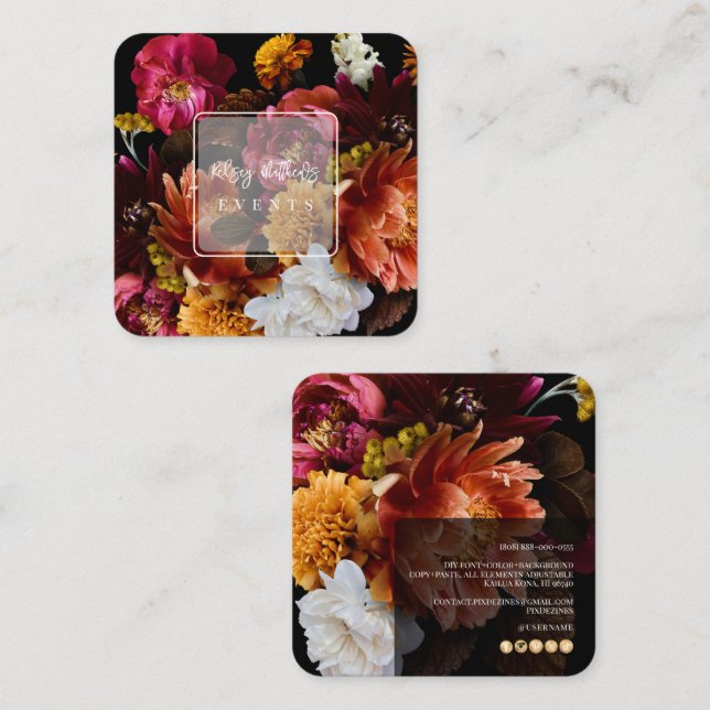 Tarjeta De Visita Cuadrada PixDezines Moody Botanical Flowers Ranunculus (Anverso / Reverso)
