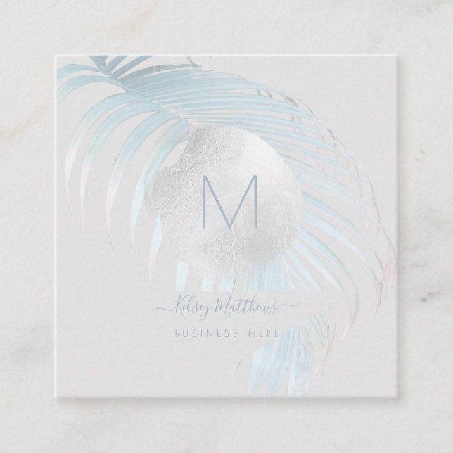 Tarjeta De Visita Cuadrada PixDezines Palmas Azules Plateadas (Anverso)