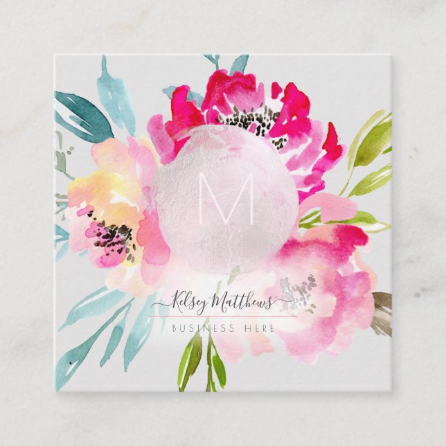 Tarjeta De Visita Cuadrada PixDezines Watercolor Pink Peonies (Anverso)