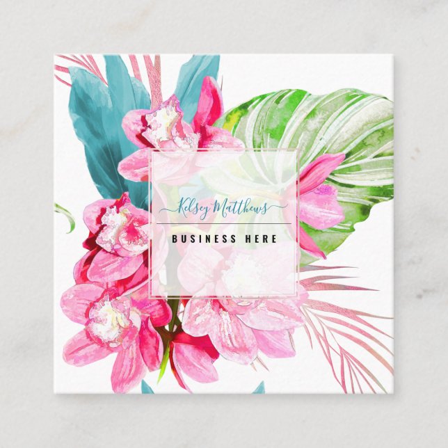 Tarjeta De Visita Cuadrada PixDezines Watercolor Rosa Kona Cymbidium (Anverso)