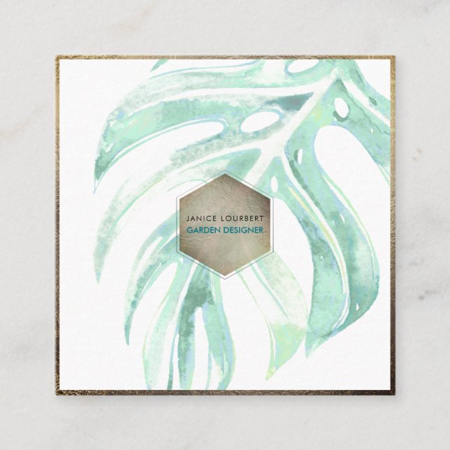 Tarjeta De Visita Cuadrada PixDezines WATERCOLOR SEAFOAM MONSTERA, VERDE (Anverso)