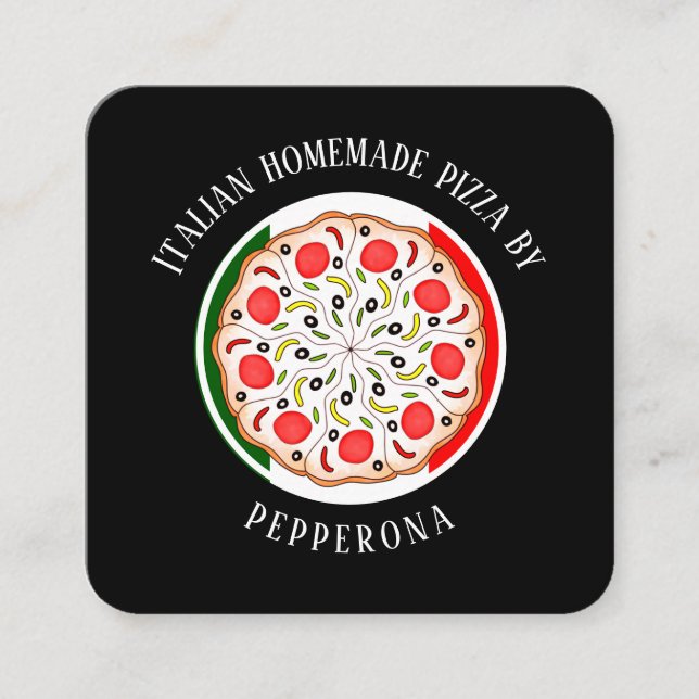 Tarjeta De Visita Cuadrada Pizza Pepperoni Bandera italiana profesional negro (Anverso)