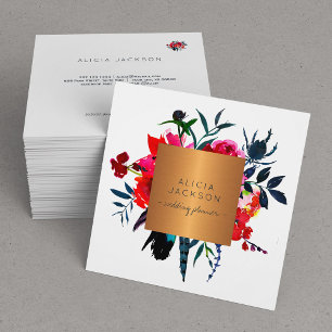 Tarjeta De Visita Cuadrada Planificador de bodas de oro de cobre y ramo de Bo