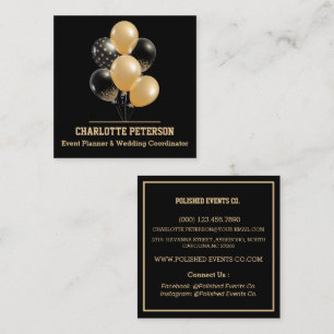 Tarjeta De Visita Cuadrada Planificador de Eventos con Globos Negros y Dorado