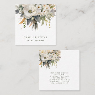 Tarjeta De Visita Cuadrada Planificador de Eventos Floral Elegante Negro