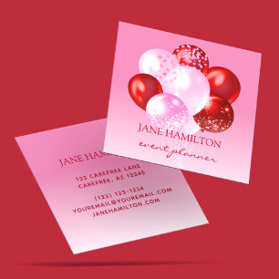 Tarjeta De Visita Cuadrada Planificador de Eventos Globos Rosados Rojos