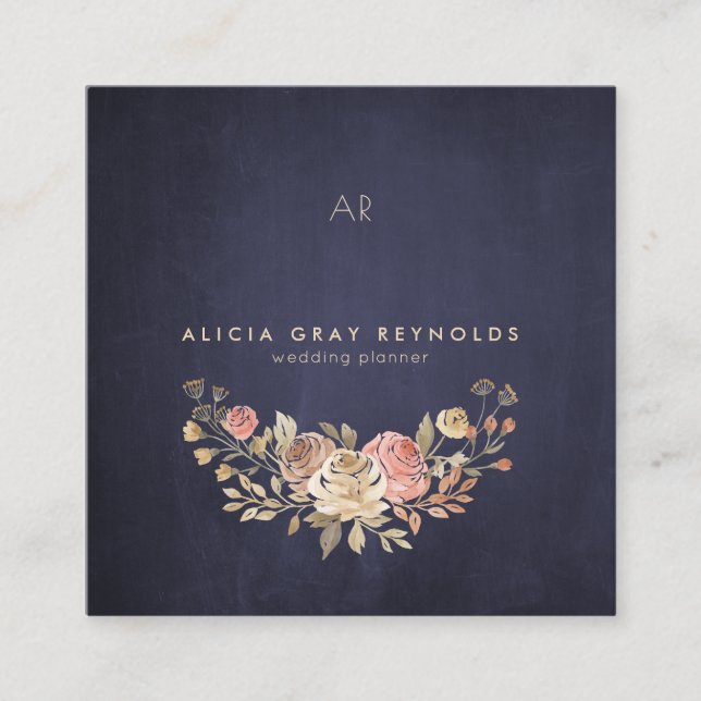 Tarjeta De Visita Cuadrada Planner de casamiento floral de monograma de marin (Anverso)