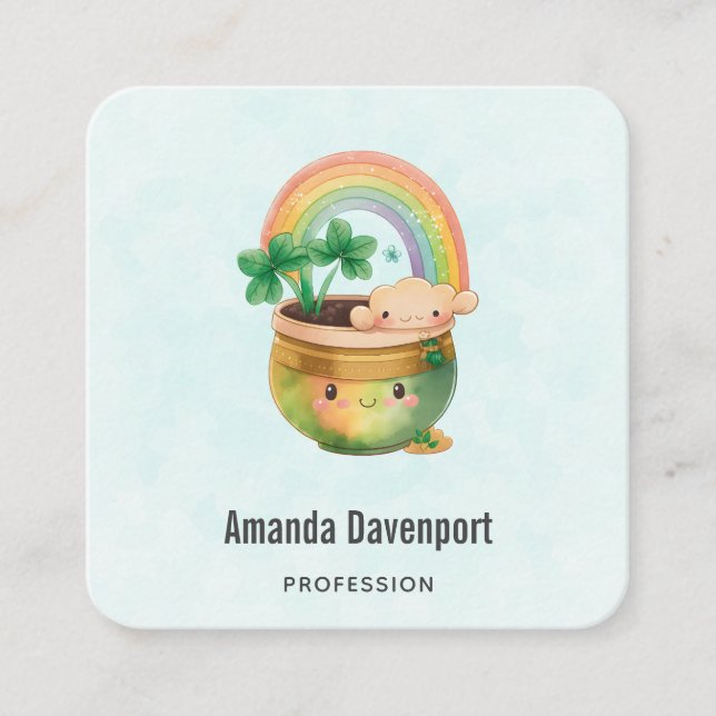 Tarjeta De Visita Cuadrada Plantador caprichoso con arcoiris y trébol (Anverso)