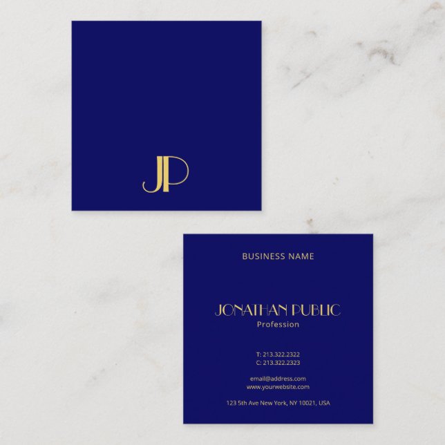 Tarjeta De Visita Cuadrada Plantilla de Monograma de Oro Elegante Azul Navy (Anverso / Reverso)