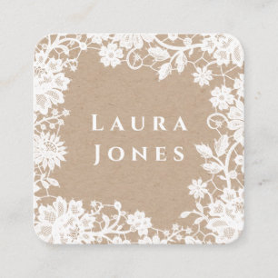 Tarjeta De Visita Cuadrada Plantilla Editable Hermosa Kraft de Encaje Blanco