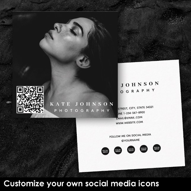 Tarjeta De Visita Cuadrada Plantilla Foto comercial Código QR Iconos de medio (Modern Photo QR Code Custom Social Media Icons Square Business Card)