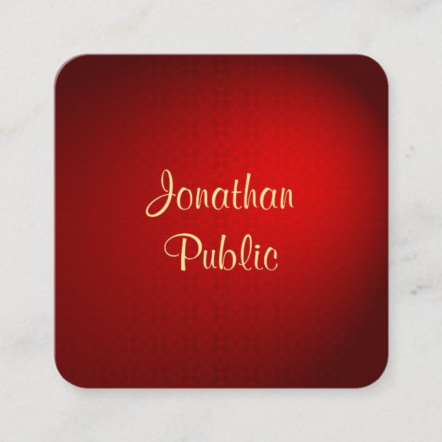 Tarjeta De Visita Cuadrada Plantilla manuscrita Elegante Red Damask Gold Text (Anverso)